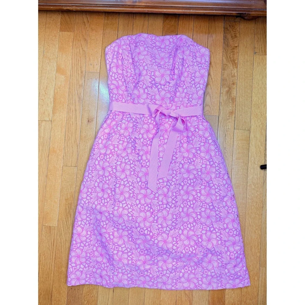 Lilly Pulitzer Pink Floral Eyelet Lace Strapless Dress with Ribbon Belt Size 12 - Picture 3 of 9